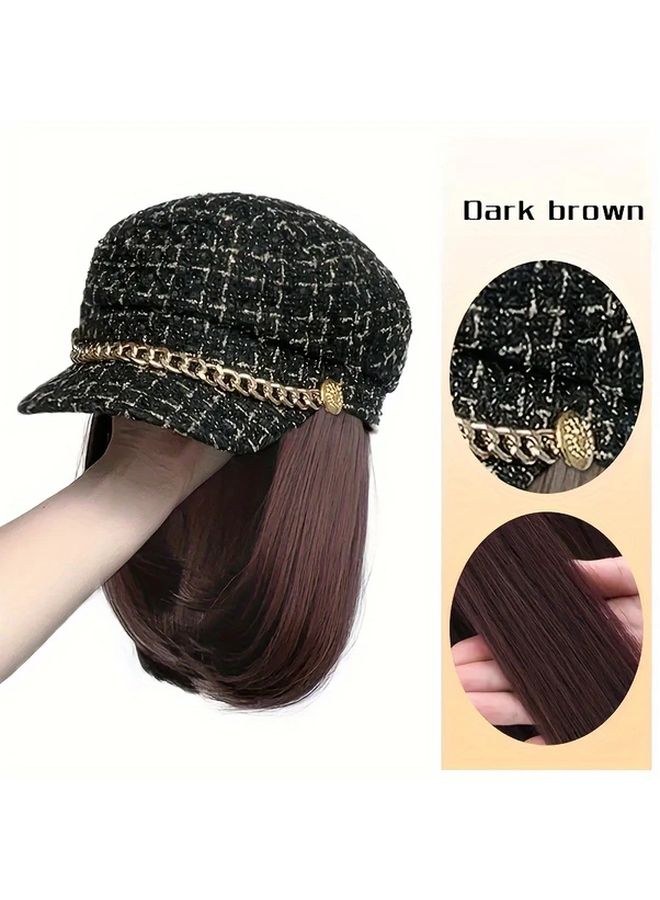 10 Inch Short Straight Hair Wig With Tweed Plaid Newsboy Cap For Women Color AT436 9 6A - Image 5